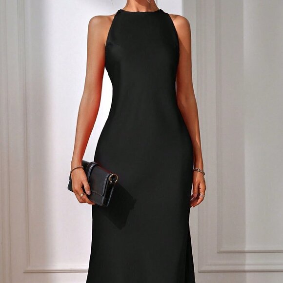 Black Preppy Womens Solid Split Thigh Dress - Picture 3 of 5